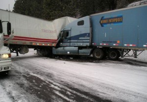 Two semi's wreck on snowy road